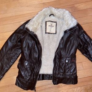 Brown leather jacket, fur lining, Hollister jacket